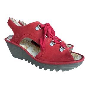 Fly London Yfla Ghillie Lace Up Wedge Sandal Red Women size 40 US 9-9.5